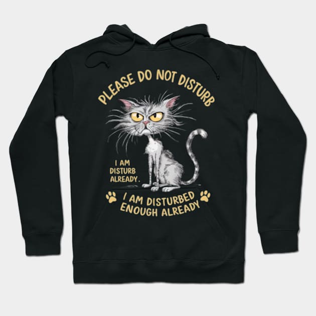 A whimsical cartoon drawing of a disheveled cat, with its fur sticking out in all directions and large yellow eyes showing irritation. (12) Hoodie by YolandaRoberts